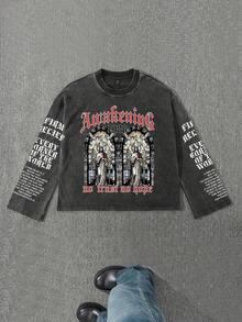 GENIUS ODE 男士休闲复古耶稣标语印花长袖T恤