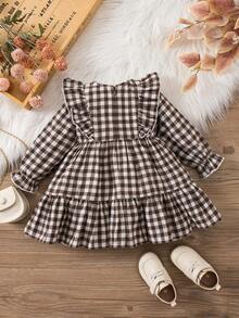 Babygirl 可爱休闲格子长袖荷叶边下摆宽松连衣裙 - 卡其色 - 查看 2