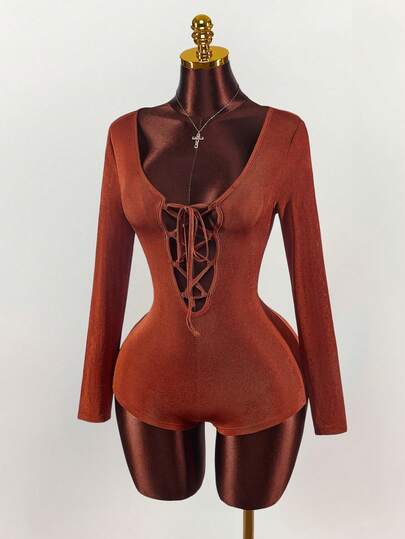 Amplova Women's Sexy Deep V-Neck Lace-Up Bodysuit