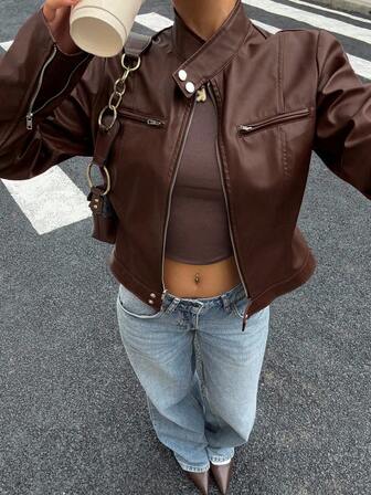 Muchica 女士时尚棕色长袖拉链短款夹克，百搭秋冬装