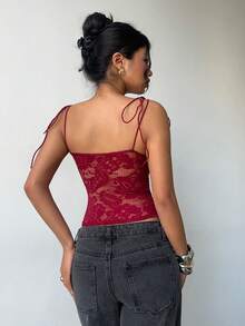 Aloruh 女士新款纯色酒红色蕾丝吊带背心，蝴蝶结肩带，Y2K 短款上衣，性感优雅 - 酒紅色 - 查看 3