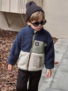 SHEIN Genkimix Kids Áo khoác thường ngày dáng rộng tay dài họa tiết chữ của chàng trai trẻ, mùa thu đông - Xanh đậm - Xem 3