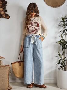 EMERY ROSE Pantalones vaqueros de pierna ancha con cordón y lavado casual para vacaciones - Azul - Ver 4