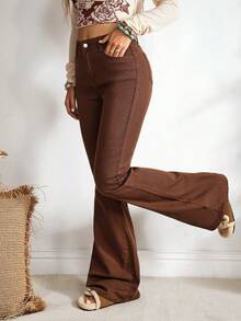 EMERY ROSE Women's Pocketed Flare Casual Versatile Jeans - Coffee Brown - View 5