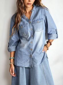 EMERY ROSE 女士 V 领单排扣下摆袖口休闲牛仔衬衫 - 淺色水洗藍 - 查看 1