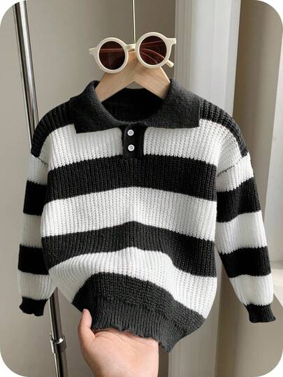 SHEIN 1 st. Pojkar Casual College Bekväm Mode Enkel Praktisk All-Match Mjuk Bekväm Lös Randig Polotröja Lämplig för Födelsedagskalas, Fester, Shower Lämplig för Barn Kläder Pojkar Skola Tillbaka till skolan Pojkset Dagligen Lämplig för Skolan Lämplig för Resor Lämplig för Sport Lämplig för Höst och Vinter