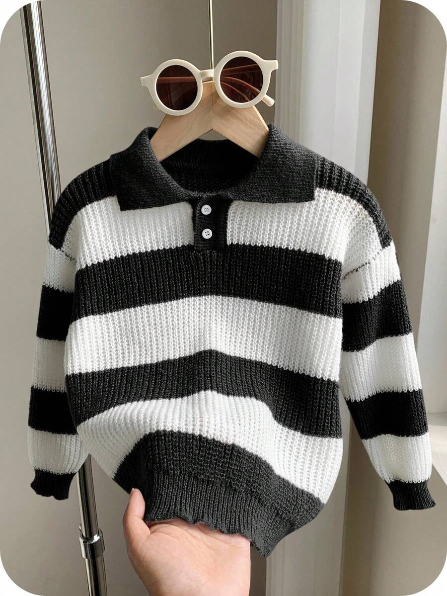 SHEIN 1 件年轻男孩休闲学院风舒适时尚简约实用百搭柔软舒适宽松条纹 Polo 衫适合生日派对、聚会、表演适合儿童服装年轻男孩衣服学校返校男孩套装日常适合上学适合旅行适合运动适合秋冬季 - 黑色 - 查看 1