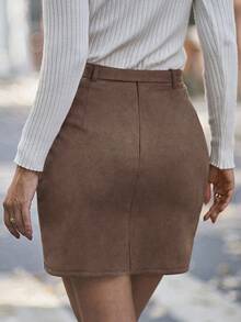 SHEIN LUNE Solid Color Knotted Wrap Elegant Commuter Skirt - Brown - View 2