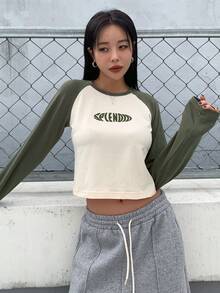 DAZY Colour Block Letter Graphic Raglan Sleeve Crop Tee - Beige - View 7