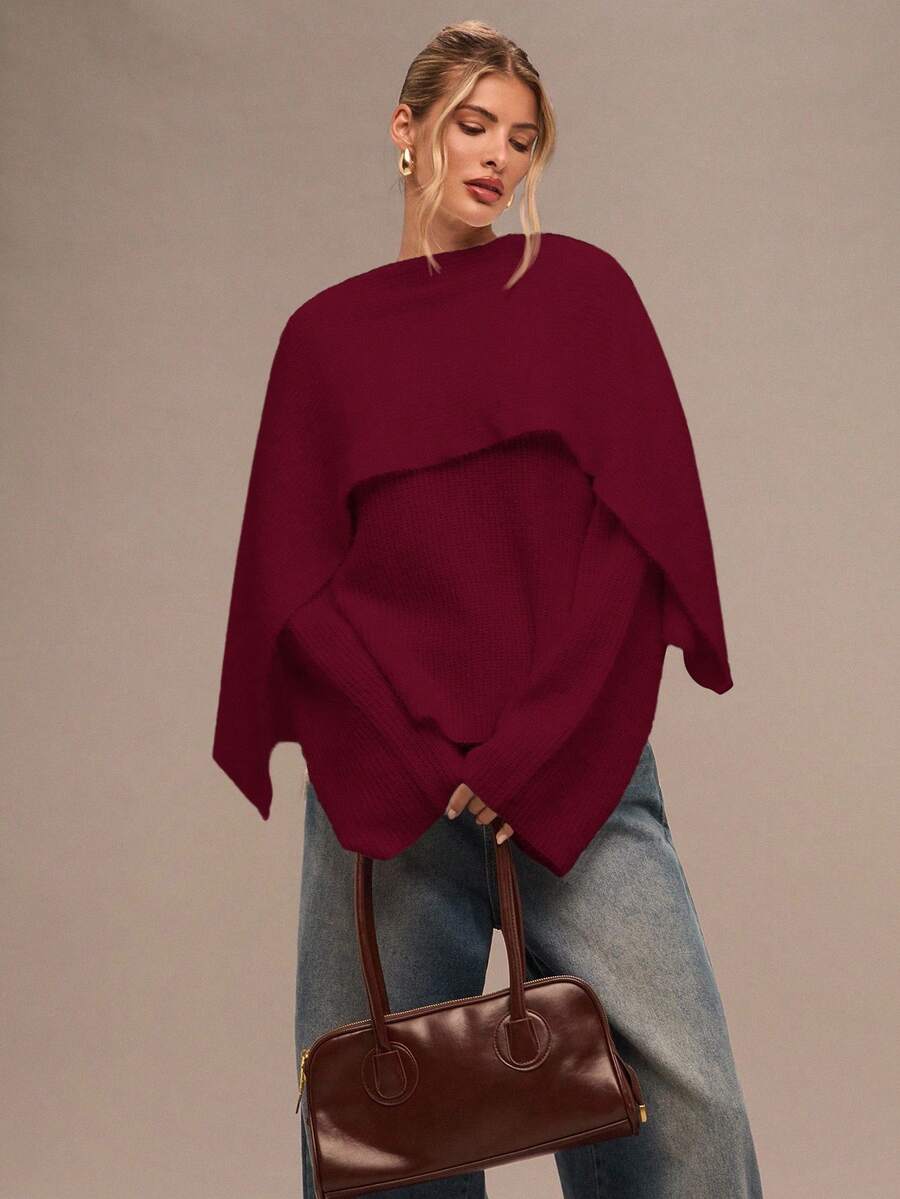 SHEIN BAE Women's Elegant Burgundy Solid Color Loose Knit Casual Pullover Sweater,Autumn Christmas Sweater,Red Top,Fall Winter Clothes For Dining - Burgundy - View 1