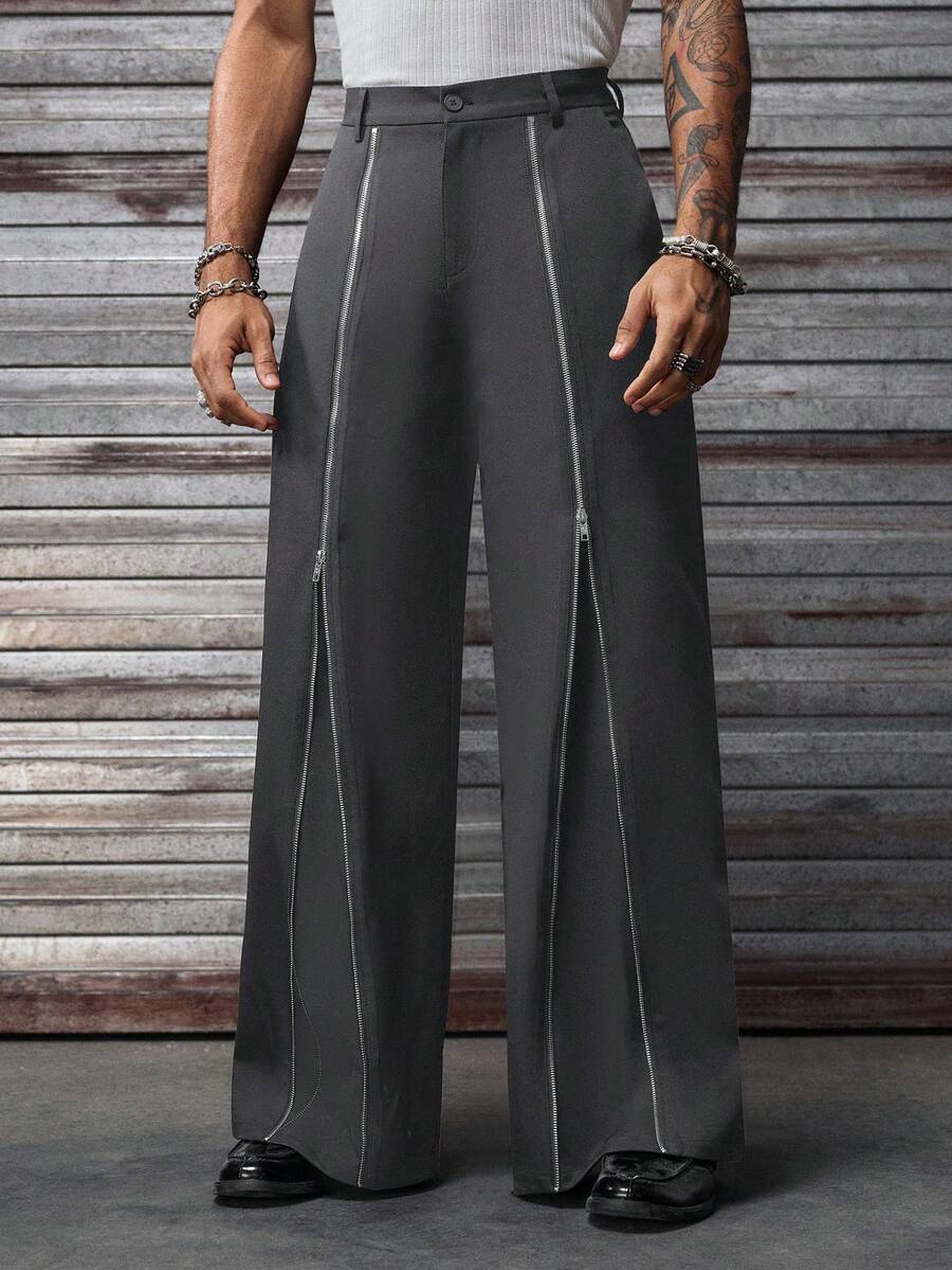 AXEPEAK 男士纯色拉链装饰时尚街头宽松长裤 - 灰色 - 查看 1