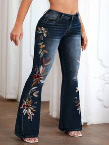 Slaydiva Quần jean ống loe thêu hoa cỡ lớn dành cho nữ, thường ngày, đa năng - Rửa nhẹ - Xem 3