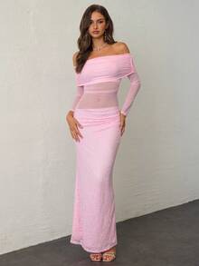 Aloruh 女士优雅露肩长袖蕾丝拼布修身派对连衣裙，粉色，女士生日连衣裙 - 淺粉色 - 查看 6