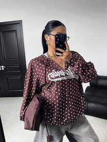 POPSWAY 大码女式棕色复古波点卫衣，休闲日常简约设计，美拉德波点拉链卫衣，配金属孔眼和字母印花，百搭Y2K朋克风，轻盈透气，适合秋冬季节，拉链卫衣，学院风，返校季必备 - 彩色 - 查看 7