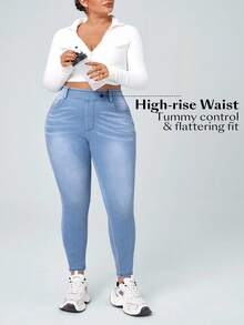 SHEIN CURVE+ Pantalones deportivos casuales de mezclilla tejida de talla grande para mujer - Azul lavado medio - Ver 7