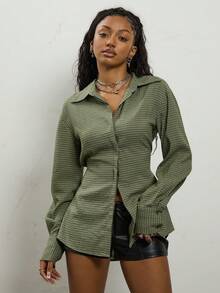 COUREZ 格纹长袖收腰衬衫/女士夏季服装夏季上衣 Y3K Y2K 复古 - 軍綠色 - 查看 5