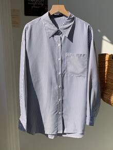 Comfortcana Áo sơ mi nữ tay dài xếp ly màu xanh navy kẻ sọc thường ngày có dây buộc phía trước - Màu xanh hải quân - Xem 3