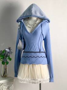 SHEIN Unity Women's Solid Color Striped Hooded Long Sleeve Knit Sweater - Blue - View 1