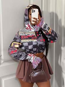 BamGleam Women's Slogan Checkered Print Long Sleeve Cropped Casual Hoodie