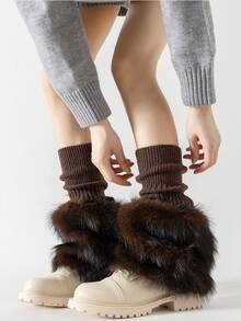 ROMWE Kawaii 1 Pair Of Cute Knitted Splicing Plush Leg Warmers, Autumn And Winter Thickened Imitation Fur Stacking Socks, Pastoral Style Leg Warmer
