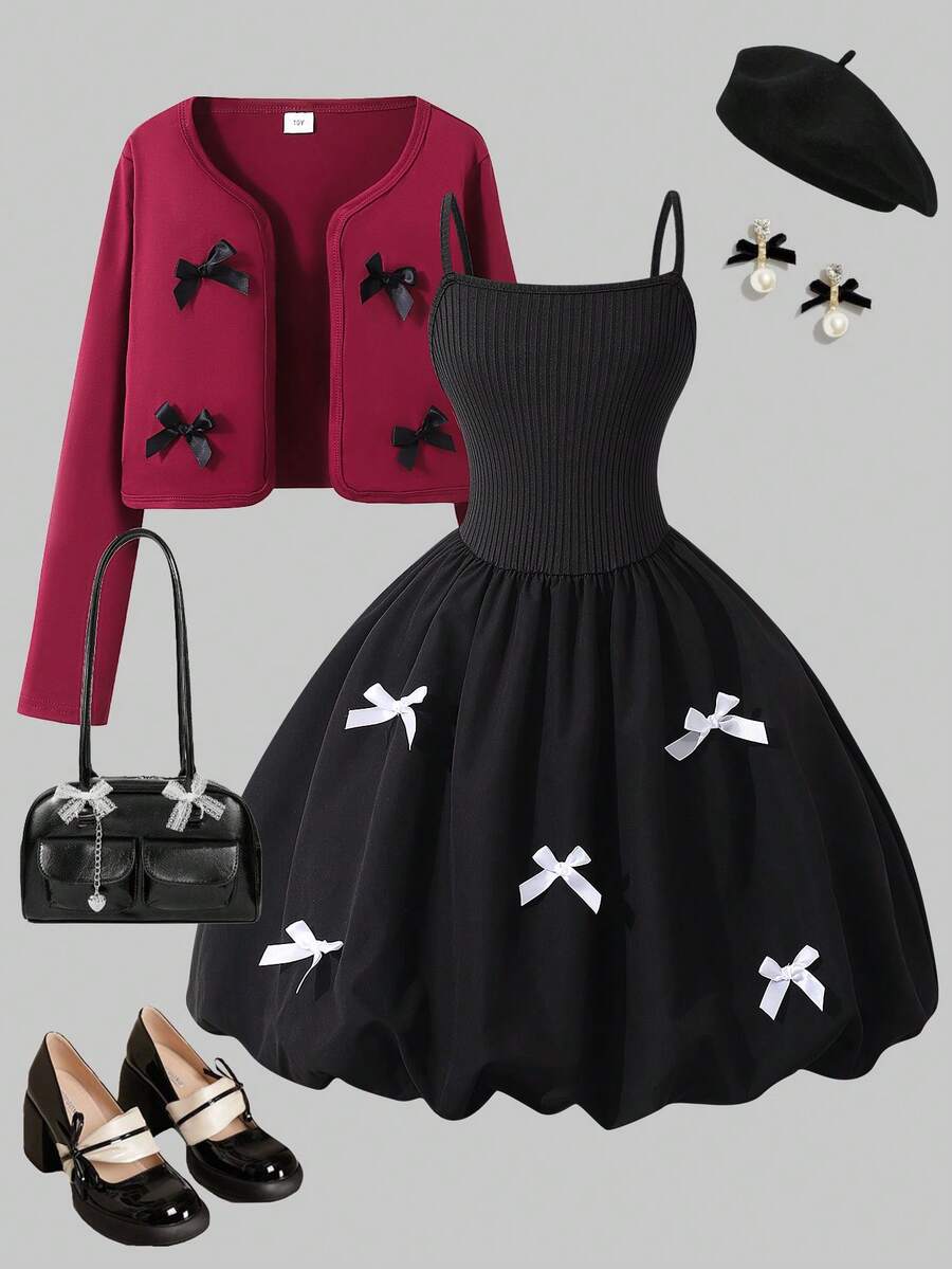 SHEIN ChillGRL Tween Girls' Retro Elegant Black Bow Cardigan And White Bow Strap Puff Strap Dress Set  Autumn/Winter  Princess Halloween/Christmas Party  Dresses Butterfly Outfit Black Outfits - Black - View 1