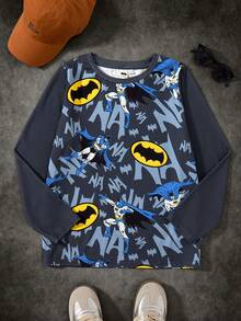 BATMAN X SHEIN Tween Boy Casual All-Over Print Crew Neck Loose Fit Long Sleeve Knit T-Shirt