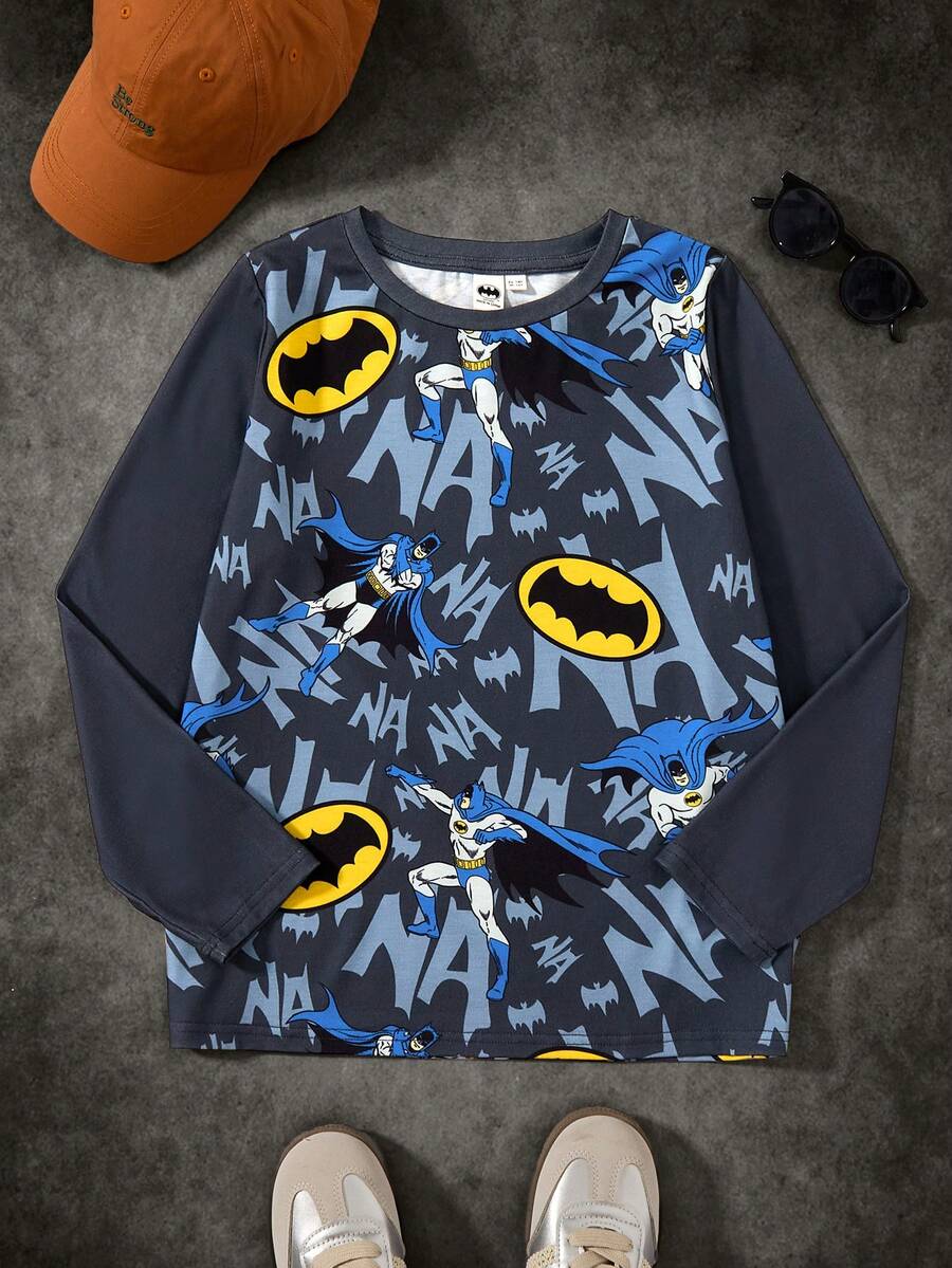 BATMAN X SHEIN Tween Boy Casual All-Over Print Crew Neck Loose Fit Long Sleeve Knit T-Shirt