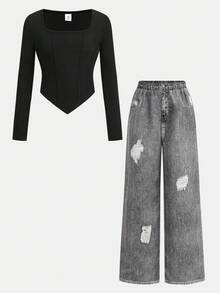 SHEIN Girlism 青少年女孩休闲街头风格修身不对称下摆长袖上衣和宽松阔腿牛仔印花涂鸦裤两件套，返校季，甜美酷炫女孩，时尚个性 - 黑色 - 查看 10