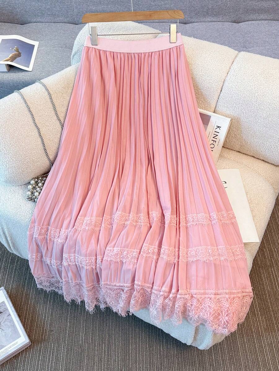 SHEIN Clasi Váy xếp ly ren chắp vá cỡ lớn cho nữ - Bụi hồng - Xem 1