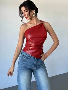 Firerie Metallic Buckle Decor Asymmetric Neck Side Leather Pleat Office Lady Sleeveless Blouse, Women Fall Top One Shoulder Top Light Brown Top Nude Top Women Top Office Outfits For Women,Red Top,Christmas,Red Tops For Women