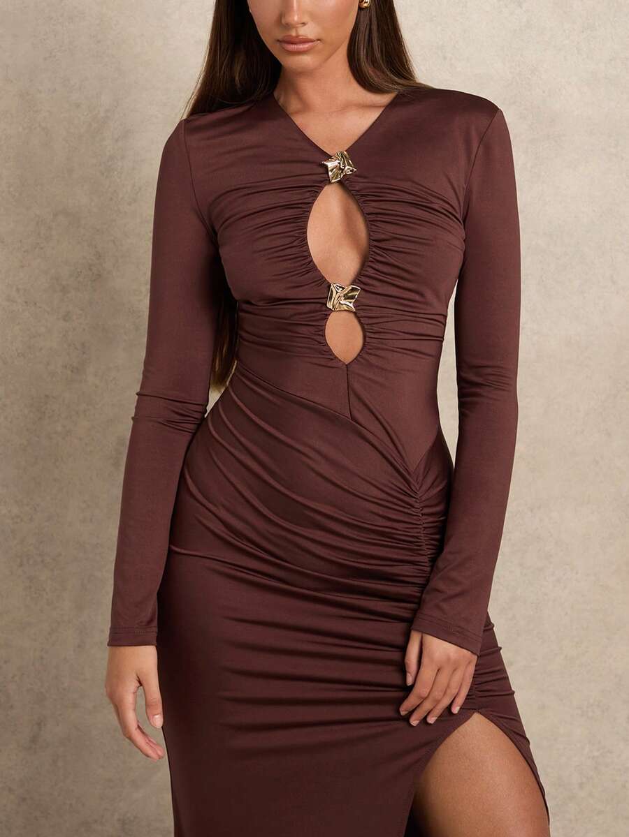 SHEIN Glamour Sexy gerafftes Maxikleid mit Schlitz und Hohlräumen für Frauen, Herbst - Braun - Übersicht 1