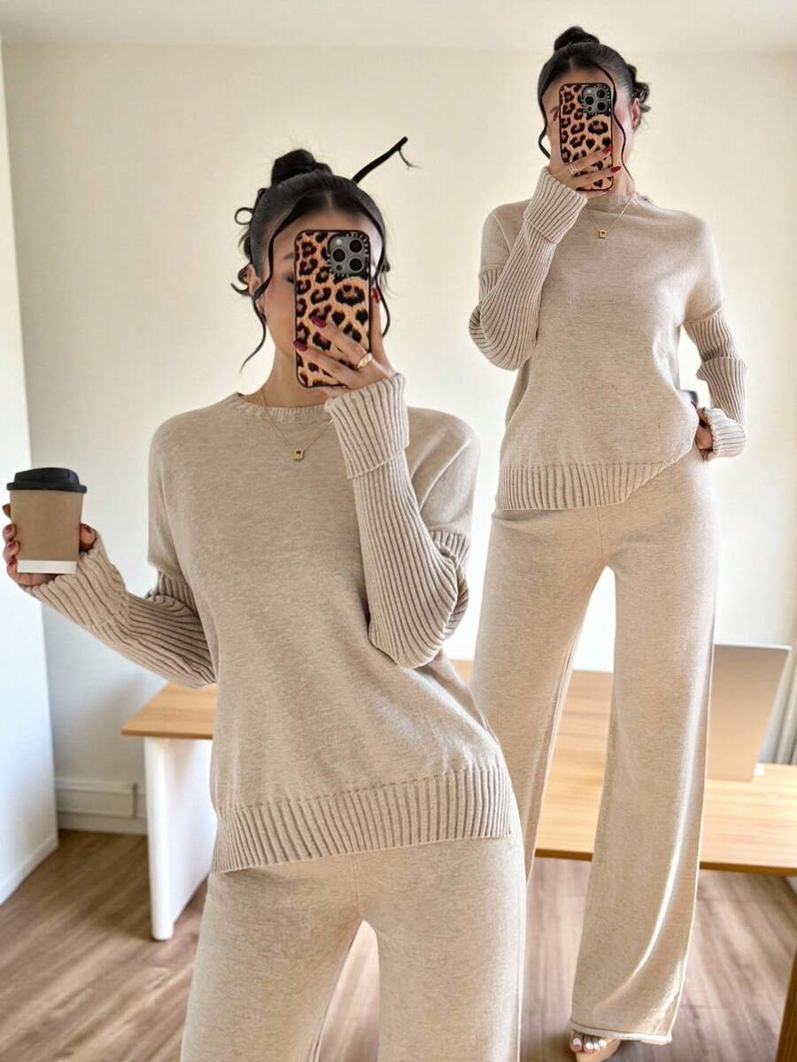 Firerie 秋冬优雅休闲燕麦色卡其色高领宽松针织毛衣直筒裤两件套