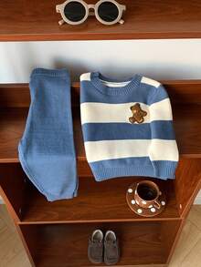 SHEIN 2pcs Baby Boy/Girl Cute Bear & Blue Striped Sweater And Blue Pants Set, Casual Autumn/Winter Unisex Baby Clothes - Multicolor - View 4