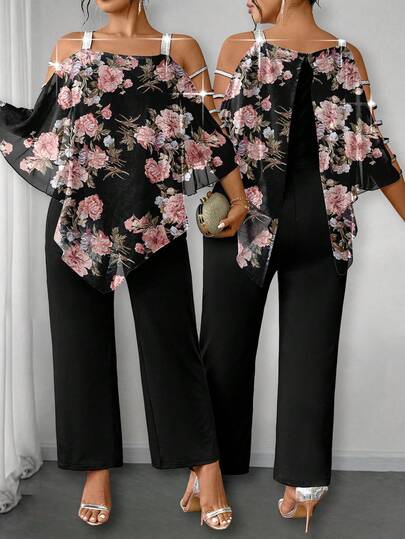 Elenzga Plus Size Women's Elegant Black Floral Chiffon Blouse With Silver Ribbon Decor Jumpsuit