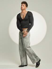 FeverCity Áo thun dệt kim dài tay cổ chữ V ôm sát thường ngày cho nam - màu đen - Xem 6