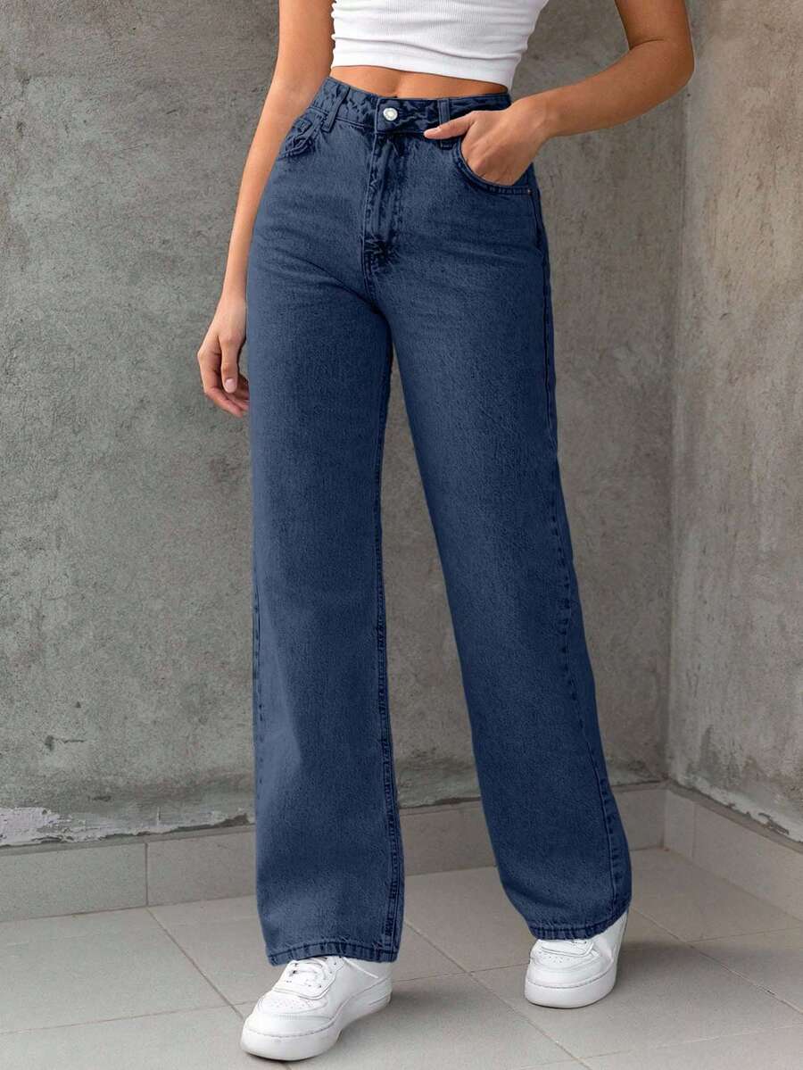 EURMUSE 100%Cotton Bleach Wash Straight Leg Jeans - Dark Wash - View 1