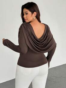 Firerie Plus Size Women Elegant Plunging Neck Long Sleeve Mesh Sheer Fitted Sexy Blouse/Plus Size Mesh T-Shirt, Suitable For Valentine's Day, Concert, Performance, Date, Formal Dinner, Prom, Wedding Season, Sexy, Elegant, Commute, Back To School, Vacation, Beach, Romantic, Office Diva, Mermaid Style, Birthday Party Brown Spring - Coffee Brown - View 3