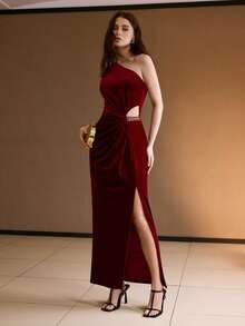 MOTF PREMIUM VELVET ONE SHOULDER HOLLOW-OUT METAL CHAIN DECOR SLIT DRESS, AUTUMN/WINTER PARTY - Burgundy - View 8