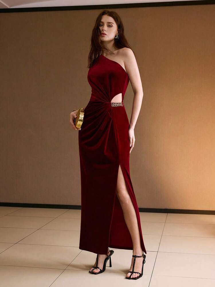 VELVET ONE SHOULDER HOLLOW-OUT METAL CHAIN DECOR SLIT DRESS, AUTUMN/WINTER PARTY