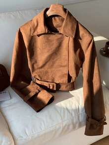 Comfortcana Áo khoác trench coat dài/ngắn cổ bẻ dáng rộng cho nữ - Cà phê nâu - Xem 5