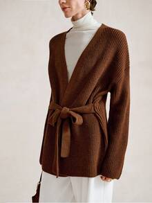 Aalyst Women's Minimalist Loose Textured Solid Color Long Sleeve Knit Cardigan, Autumn/Winter - Brown - View 6