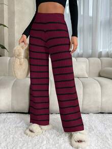 SHEIN LUNE Ensemble pantalon et pull tricoté casual bicolore pour femmes - Rouge foncé - Voir 4