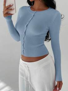 FavEase 秋季休闲纯色修身开衫 - 藍色 - 查看 7