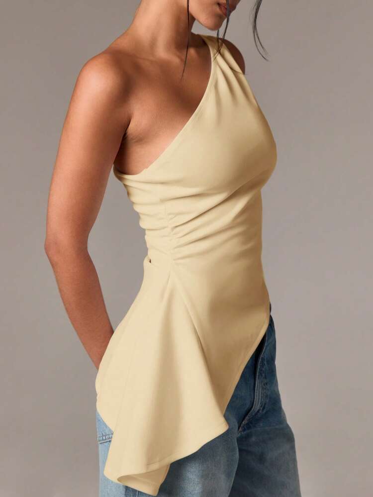 One Shoulder Peplum Top With Ruched Waist