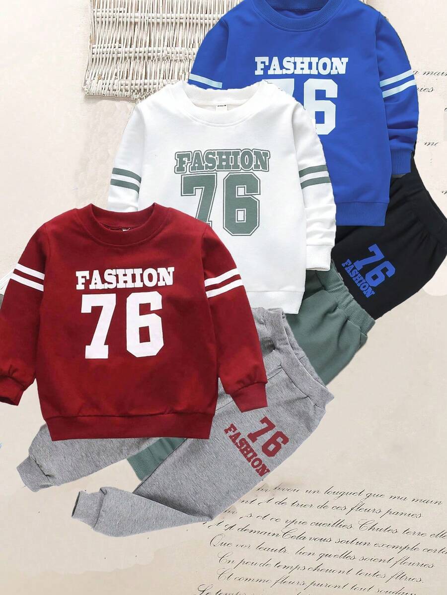 SHEIN Bộ 6 món/Bộ thể thao thường ngày cho bé trai phong cách đường phố năng động 76 in chữ và số, thích hợp mặc hàng ngày, đi học, đi chơi, thể thao, mùa xuân và mùa thu - Nhiều màu - Xem 1