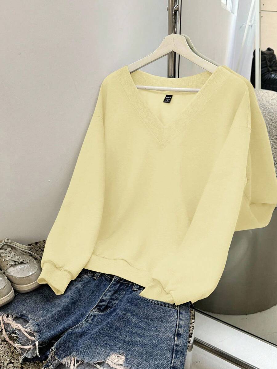 SHEIN EZwear بلوزة نسائية فضفاضة بياقة على شكل حرف V، مناسبة للخريف/الشتاء، باللون الأصفر - أوزة صفراء - مشاهدة 1