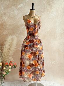 Soleia Women's Leopard Floral Print Sleeveless Dress,All Shades Of Brown,Summer,Boho,Beach,Holiday Casual Winter Clothes Outfit Country Concert - Multicolor - View 4