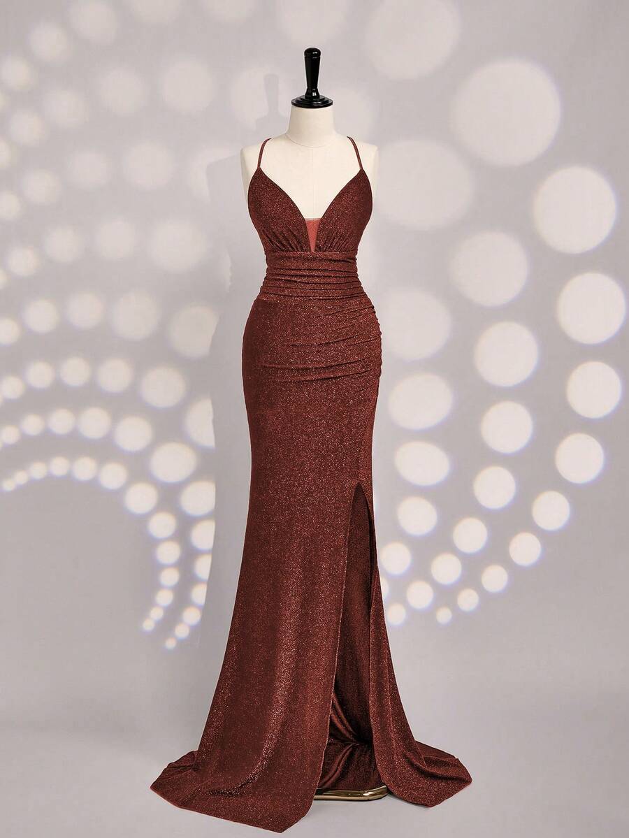Coutiva Vestido de noche elegante de mujer con pliegues de unicolor, abertura lateral brillante y bajo elegante - Naranja Quemada - Ver 1