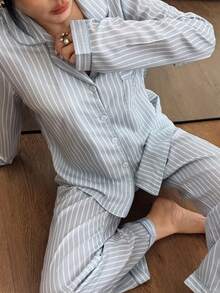Women's Striped Heart Patchwork Collar Top & Pants Pajama Set Striped Pajama Set Striped Lounge Set Pajamas Set Two Piece Lounge Wear Set Light Blue Pj Set, Winter Clothes - Baby Blue - View 2