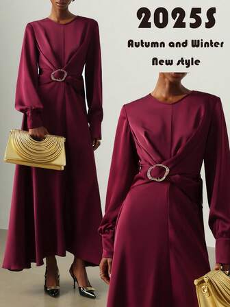 Vesra Metal Buckle Decor Crepe Fabric Round Neck Long Sleeve Asymmetrical Waist Ruched A-Line Elegant Women Dress